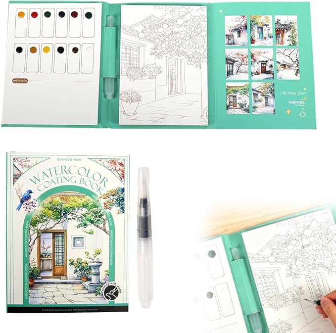 Creative Stress Relief Kit, 3-Fold Watercolor Painting Pad with Coloring Pages, Relaxation Art Set for Beginners and Hobby Artists, Portable Aquarelle Painting Book (G Set)