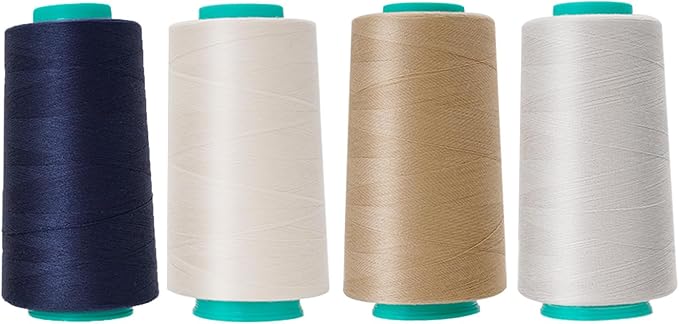 4 Pack of Serger Threads Cones Spools, All-Purpose Sewing Thread Polyester, 4 Cones of 3000 Yards Each Spool,Cone Thread for Sewing Machine,140S/2 (Khaki,Navy Blue,Light Gray,Beige)