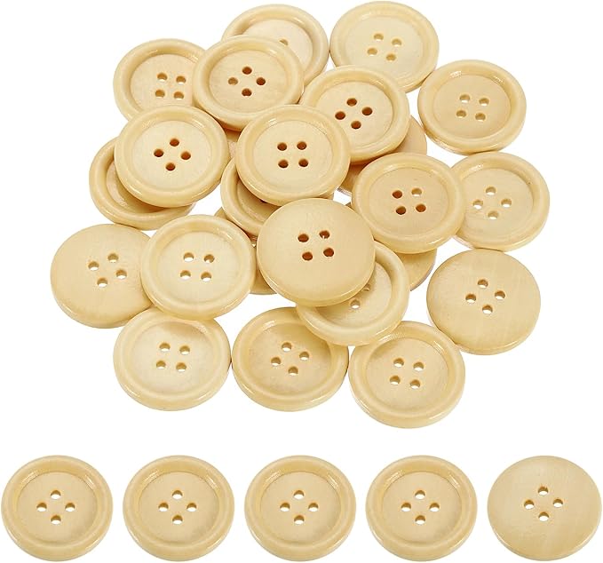 uxcell 50Pcs Wooden Buttons, 25mm(1") 4 Hole Round Wood Sewing Button Craft Flatback for Sewing DIY Craft Clothing, Natural Wood