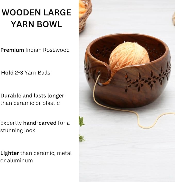 Wooden Large Yarn Bowl (7x4) – Yarn Holder for Crocheting & Knitting – Crochet Bowl with Carved Holes – Yarn Ball Storage Christmas Gift for Women