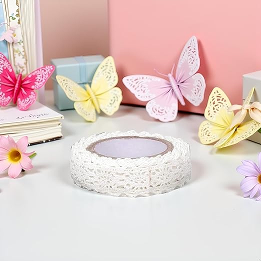 1 Roll 1.7m White Trim Ribbon Tape Self-Adhesive Decorative Lace Fabric Washi Tapes Striping Masking Tapes Decorative Durability Lace Washi Arts and Crafts Tape