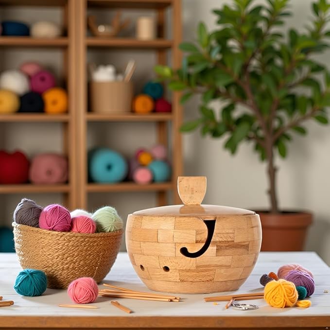 Wooden Large Yarn Bowl with Lid (7.5x4.5) – Yarn Holder with Cover for Crocheting & Knitting – Crochet Bowl with Handle & Hooks – Christmas Gift for Crafters