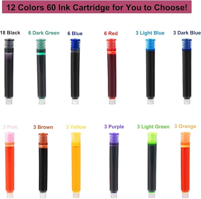 Calligraphy Pen set,Fountain Pens with 8 Different Replaceable Nibs with 60 Ink Cartridges(12 Colors),Calligraphy set for Beginner Writing Drawing.