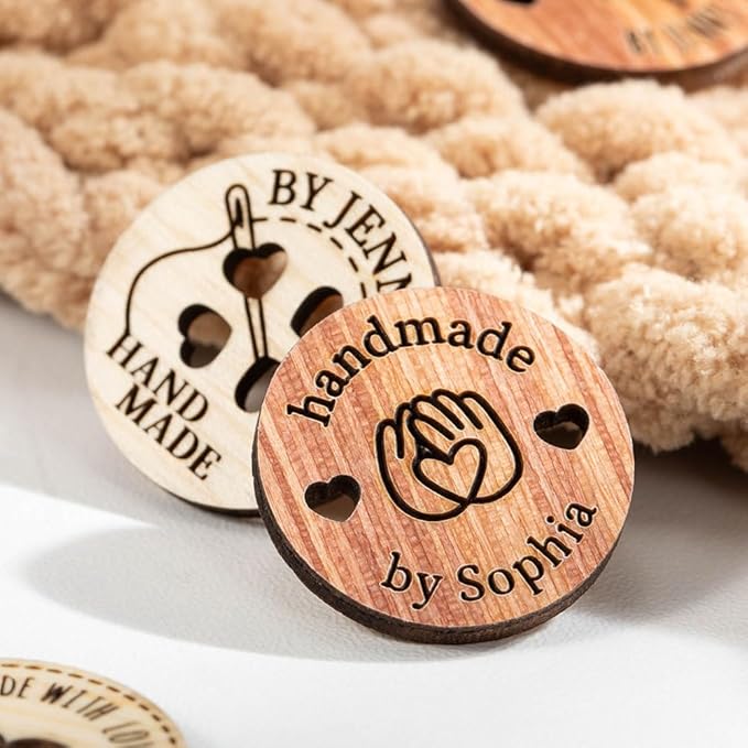 callie Personalized Wooden Name Buttons & Tags for Crafts –Custom Text, Handmade with Love Tags, Gifts for Crafting Knitting Crocheting Sewing Lovers