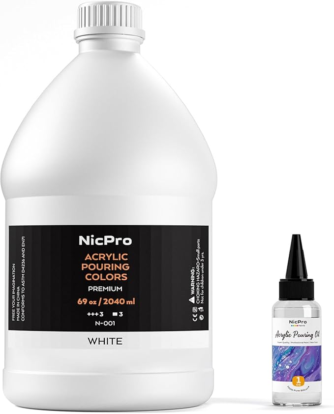 Nicpro Titanium White Color Acrylic Pour Paint, 69 Ounce Pre-Mixed Pouring Paint Supplies with Silicone Pour Oil & Gloves for Canvas, Rock, Wood Cell Creation Flow DIY Art Painting, Ready to Pour