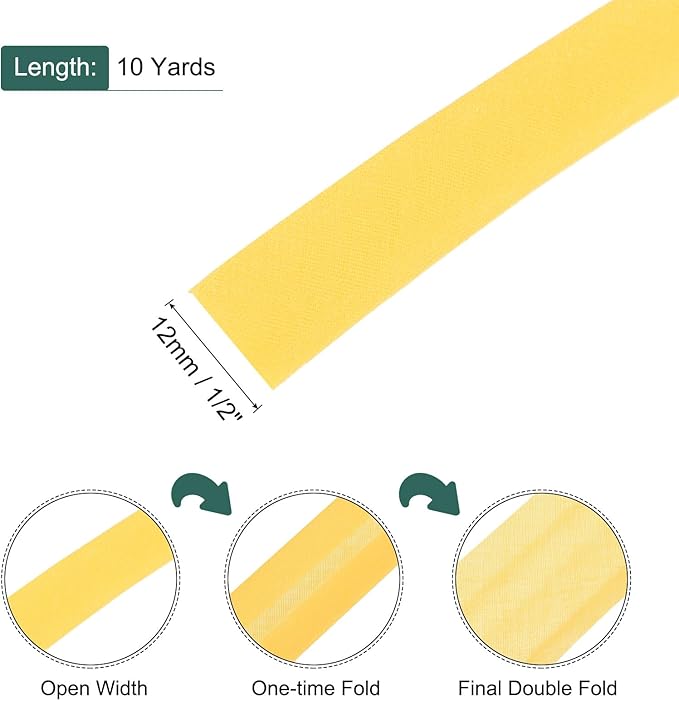 MECCANIXITY 1/2 Inch Double Fold Bias Tape Polyester Continuous Bulk Bias Tape for Sewing,Seaming Quilting Hemming Binding Crafts (Yellow 10 Yards)