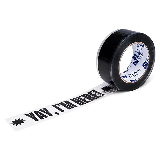 Printed Packing Tape for Small Business - Cool Decorative Designer Packaging and Shipping Tape - 1.88" x 110 Yards (330 feet) - Cute Yay, I'm Here! Clear Black