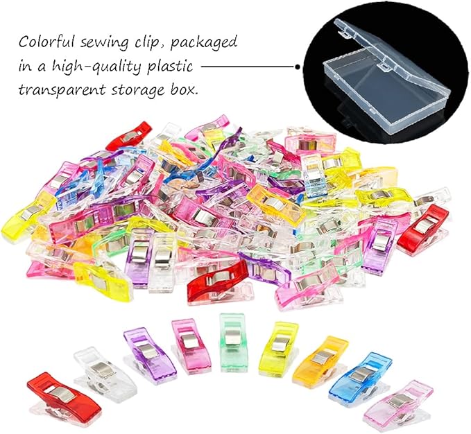 Sewing Clips, 100 Pcs with Plastic Box, Assorted Colors Quilt Clips Quilting Clips for Fabric Clips for Sewing and Quilting, Fabric Sewing Binding Crafting Clips, Bag Clips, Sewing Tools