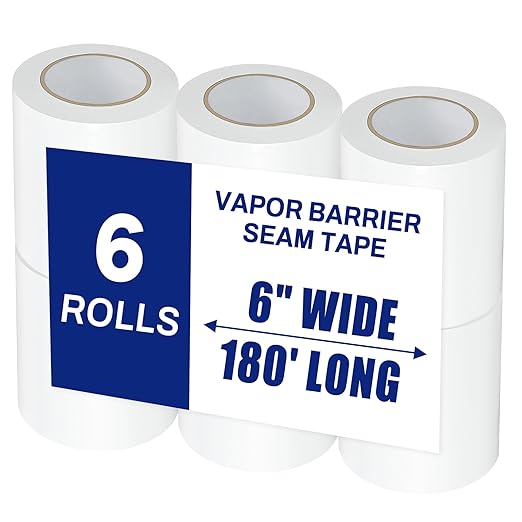 6 Roll, White Vapor Barrier Tape, 6" Wide x 180' Long, PE 9 mm Polyethylene Tape, for Crawlspaces, Underlayment Seams, Metal Building Seams, Excellent Air Barrier, Insulation Repairs