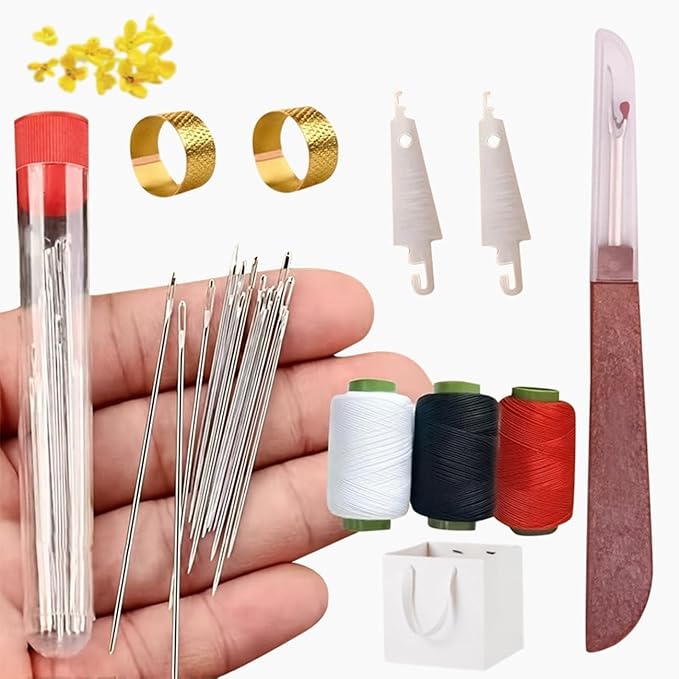 34 PCS Big Eye Steel Sewing Needles Kit, Stainless Steel Sewing Needle Kit, Needles Thread Hand Repair Kit, Needle Threader and Hand Sewings Set, Portable Travel Working