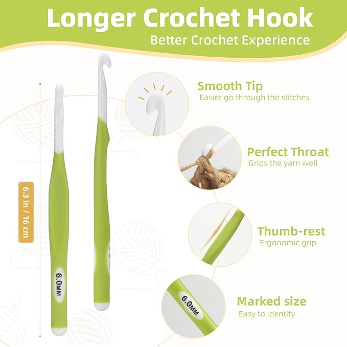 6mm Large Crochet Hook,Ergonomic Crochet Needle for Arthritic Hands, Extra Long Rubber Handle Crochet Hooks for Knitting Sweaters, Shawls and Carpets