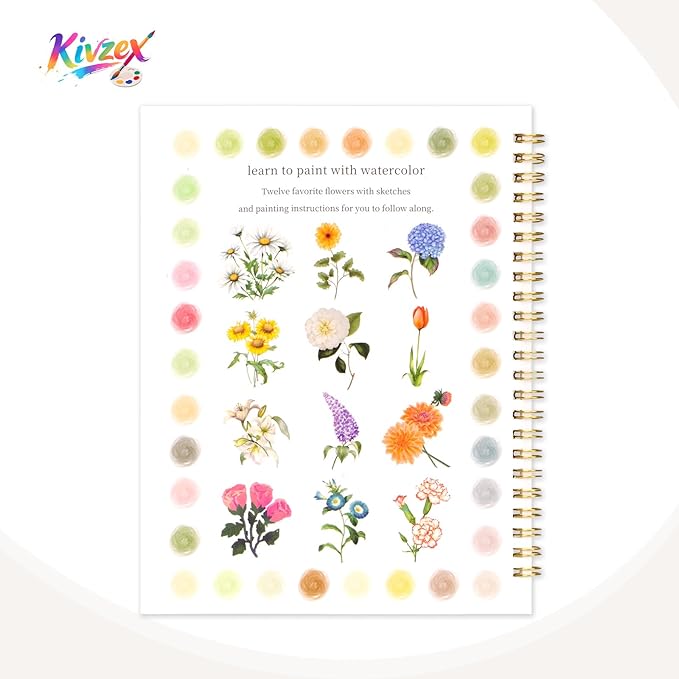 Kivzex Watercolor Workbook for Adults, Beginner Friendly Watercolor Painting Kit Flowers Water Coloring Book, Nature-Themed Practice Art Gift Water Color Paint Book with Palette and Brush