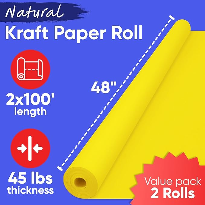 48" x 1200" (100 ft) Yellow Kraft Paper Roll (Value Pack of 2), 45 lbs Thickness, Made in USA Colored Craft Paper for School, Bulletin Board - Odorless, Non-Toxic, Safe for Kids