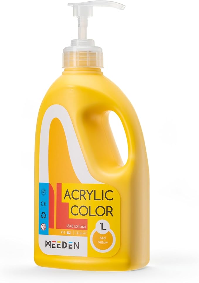 MEEDEN Mid Yellow Acrylic Paint: 1 L /33.8 oz Satin Liquid Paint with Pump Lid - Soft Body Art Paints for Canvas, Studio, School, Wall & Poured Paintings