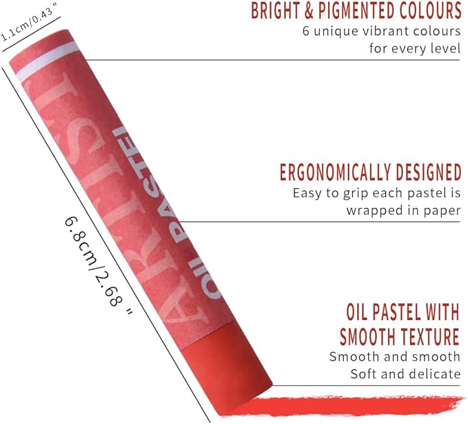 Mifuner Soft Oil Pastels Set (6 Sticks,6 Colors),Colors Heavy Oil Pastels Vibrant and Creamy,Pastel Art Supplies for Artists,Gallery Oil Painting Stick,Adult Art Drawing. Red