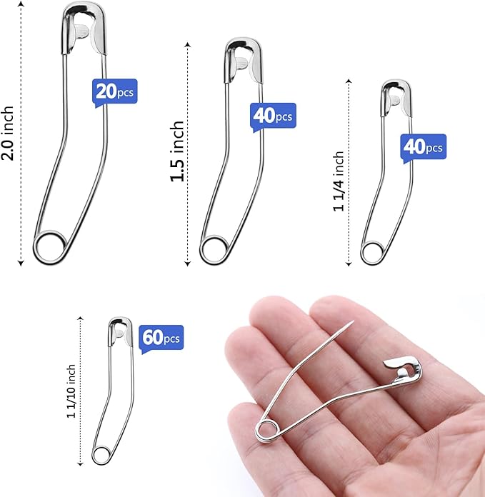 Quilt Safety Pin Curve 28mm 32mm 38mm 54mm Assorted Sizes Sewing Supply Large Curve Safety Pin Quilt Stainless Steel Fabric Pin Baste for Quilting Knitting Sew Quilt Supply Quilting Pin 160PCS