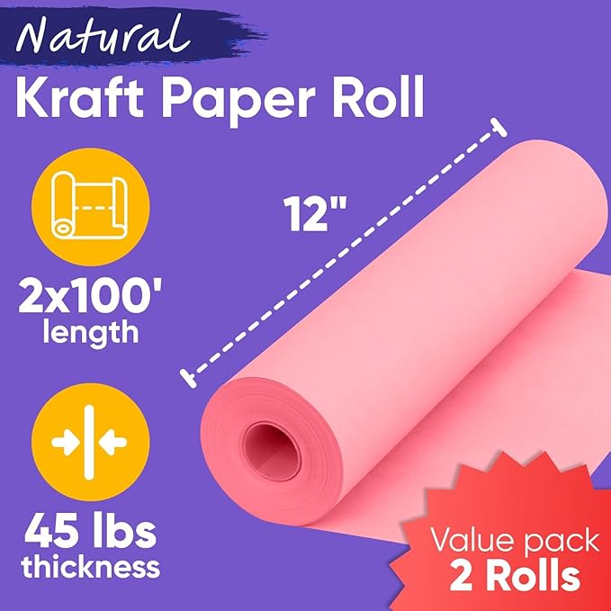 12" x 1200" (100 ft) Pink Kraft Paper Roll (Value Pack of 2), 45 lbs Thickness, Made in USA Colored Craft Paper for School, Bulletin Board - Odorless, Non-Toxic, Safe for Kids