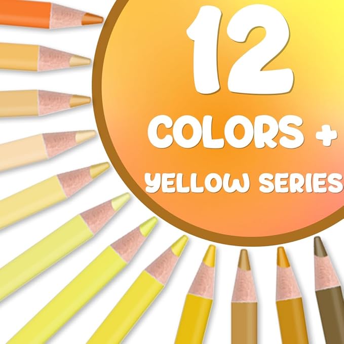 Mifuner 12Pcs Yellow Colored Pencils Set, Oil Based Drawing Pencils, Pre-sharpened Wooden Professional Sketch Pencil Art Supplies for Adults, Coloring Books, No Duplicates
