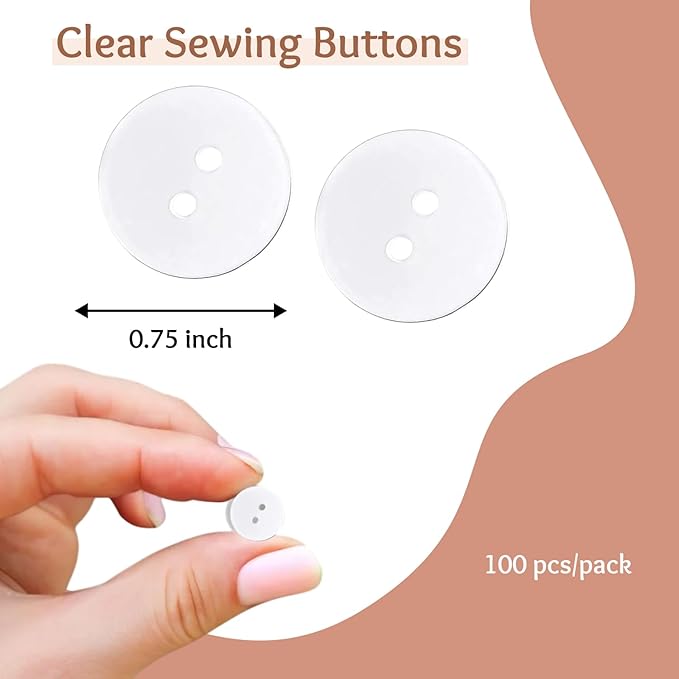 3/4" Clear Sewing Buttons 2 Hole Pack of 100 Transparent Buttons for Sewing 30L Crafts Replacement 0.75 inch (19mm) Glossy Round Button Bulk Large Plastic Buttons for Dress Pants Shirt Skirt Blouse
