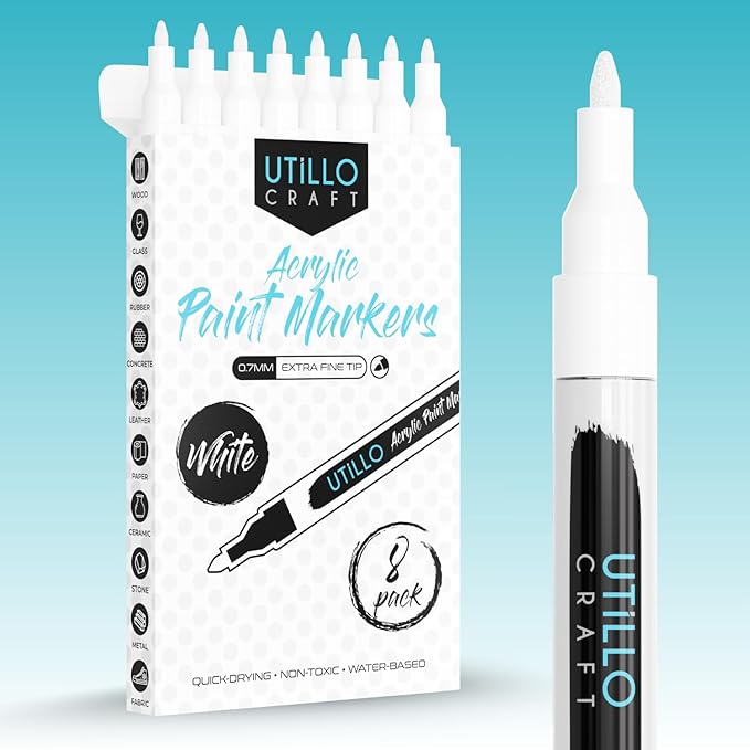 Utillo Craft White Paint Pen (8-Pack) for Rock Painting, Wood, Glass, Tire, Canvas, Metal, Fabric | Extra Fine 0.7mm Tip Made in Japan | Bold Color Acrylic White Paint Markers | Perfect Art DIY Gift