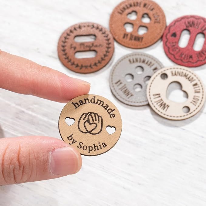 Custom Name Leather Handmade Craft Buttons, Personalized Sewing Tags for Crochet with Engraved Pattern - Handmade with Love Button Gift for Mom Mother Grandma