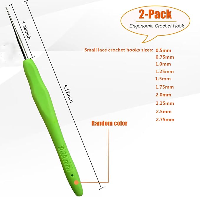 Mdoker 2PCS Small Size Crochet Hook Ergonomic Handle Crochet Hook Needles for Arthritic Hands,Thread Crochet Steel Lace Hooks Size 0.75mm