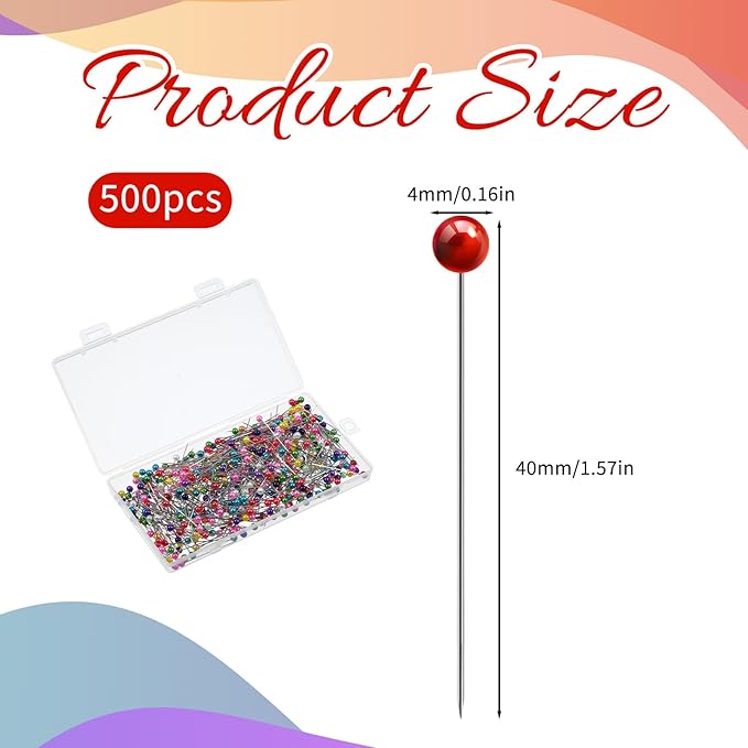 Straight Pins Sewing, 500 Pcs 1.5 Inch Metal Straight Pin with Colored Heads Ball Head Sewing Pins for Fabric Quilting Supplies for Dressmaker DIY Sew Craft Project Jewelry Decoration (Colorful)