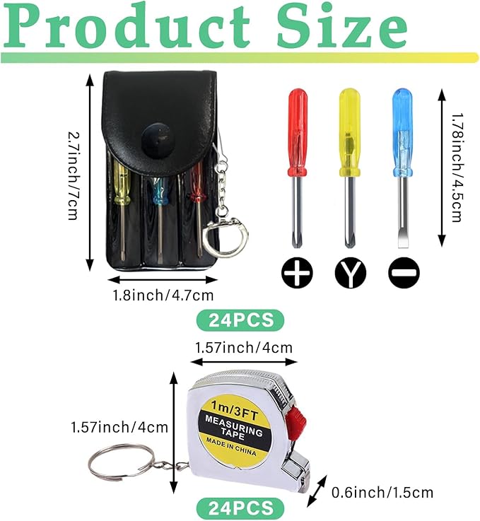 Mini Screwdriver Keychain Tape Measure Keychains Set Retractable Keychain Tape Measure Mini Screwdrivers in Pouch Keychain for Birthday Party Favors and Daily Use, 1 m/ 3 ft (48 Pcs)