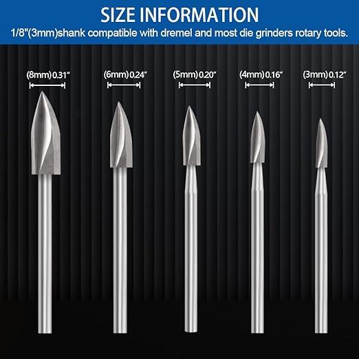 Wood Carving Drill Bits Set for Dremel Rotary Tool 5Pcs Engraving Drill Bits Woodworking Accessories with 1/8” Shank for DIY Woodcrafts Carving Engraving Grinding Drilling Micro Sculpture