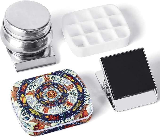 Portable Mini Tin Box 12-Well Empty Watercolor Palette Paint Mixing Tray is a Small Storage Travel Kit with Magnetic Clip and Oil Pot,Making it Outdoor Sketching and DIY Painting.Ethnic Style