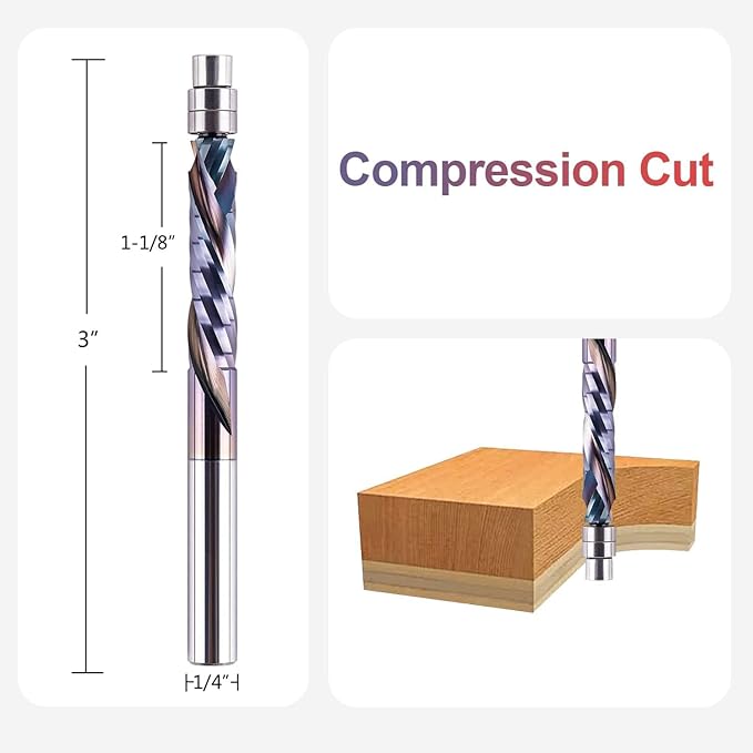 SpeTool 5PCS Solid Carbide Compression Flush Trim Router Bit 1/4 Shank with TAC Coated, Up & Down Bottom Bearing Pattern Template Flush Cut Router Bit for Woodworking Trimming