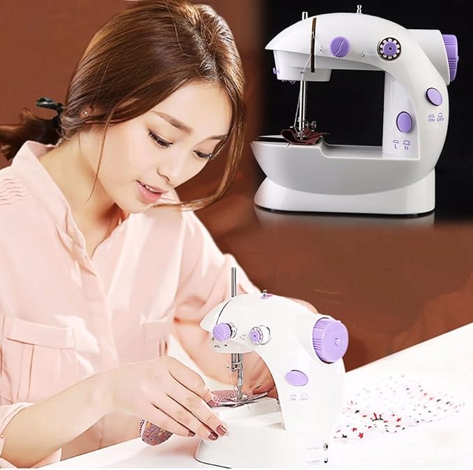 Flying Banana Mini Sewing Machine with Extension Table, Dual Speed Portable Electric Sewing Machine for Beginners, Small Household Mending Kit with Light, Foot Pedal, AC/Battery Operated, White