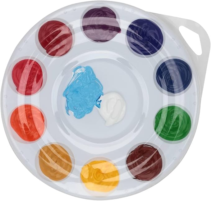 Creative Mark 10-Well Round Plastic Paint Palette with Lid - Pack of 12, Durable, Reusable, Solvent-Resistant, with Oversized Paint Wells for Students, Artists, Teachers - 7.4ml (0.25oz) per Well