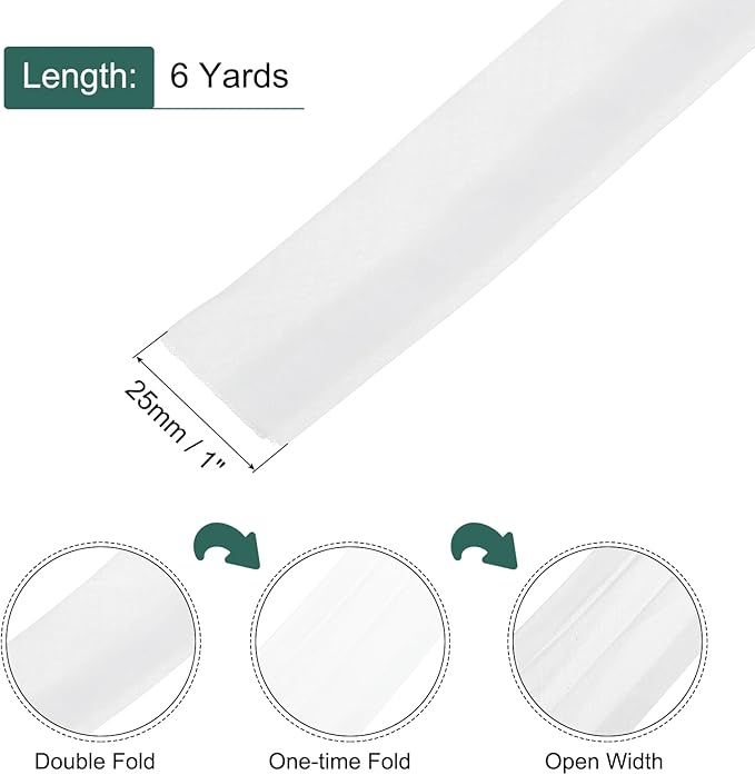MECCANIXITY 1 Inch Double Fold Bias Tape Continuous Bulk Cotton Bias Tape for Sewing Seaming Quilting Hemming Binding Crafts (White 6 Yards)