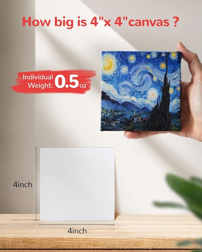 Mini Canvas Boards for Painting 60 Pack, 4x4 Inch Canvas Panels, 100% Cotton Art Supplies for Acrylics Oil Watercolor Tempera Paints