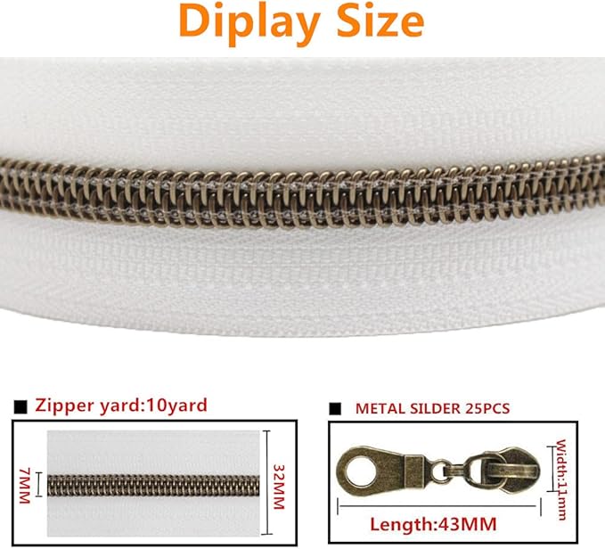 MebuZip #5 Antique Brass Metallic Nylon Coil Zippers by The Yard Bulk Coil Zipper Roll 10 Yards with 25pcs Pulls for DIY Sewing Craft Bags (White)