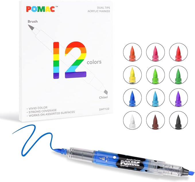 POMAC Dual Tip Acrylic Paint Markers Pens 12 Assorted Colors, Direct Liquid Acrylic Marker with Brush & Chisel Tip, Water-Based Paint Marker for Fabric, Canvas, Rock, Glass, Wood, Crafts, Art Supplies