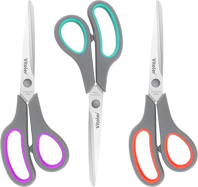 Vitoler Scissors 8.5" Heavy Duty scissors all purpose Bulk Set of 3, Scissors for Office Home School Craft Supplies, Soft Comfort-Grip Right/Left Hand