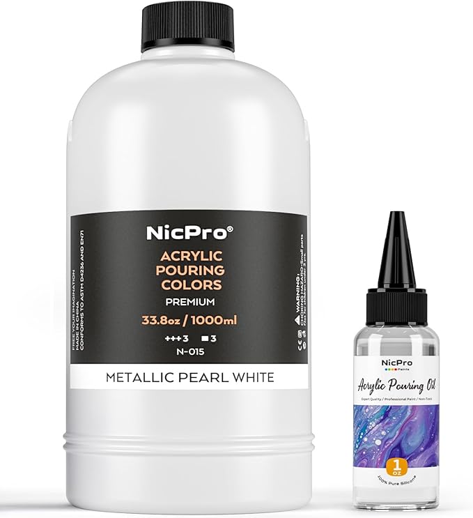 Nicpro White Metallic Pearl Color Acrylic Pour Paint, 33.8 Ounce Pre-Mixed Pouring Paint Supplies with Silicone Pour Oil, Gloves for Canvas, Rock, Wood Cell Creation Flow DIY Art Painting, Ready to Pour
