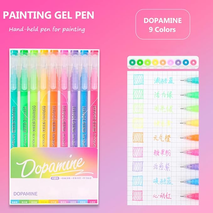 Gel Pens with Fine Point 0.6mm, 9 Colors Drawing Pencils for Adult Coloring Books Smooth Writing Pen Set for Journaling(Dopamine)