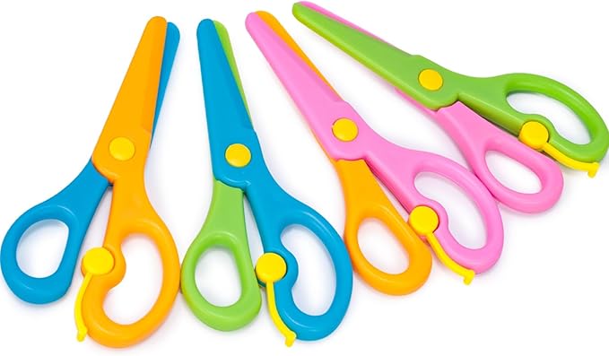 LOVESTOWN Toddler Safety Scissors, 4 PCS Blunt Tip Scissor Preschool Training Art Supplies for Kids, Anti-Pinch Design, Child Hand Eye Coordination Development, Playdough Tools Crafts Essentials