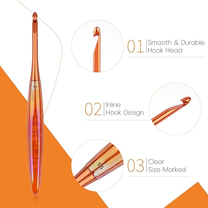 BsHooker 6mm Crochet Hook,Inline Crochet Hook with Ergonomic Acrylic Handle for Arthritic Hands,Extra Long Knitting Needles for Crocheting Yarn,Stainless Steal Polished Hook Head for Beginner