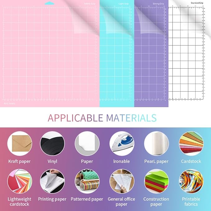 4 Pack Silhouette Cutting Mat, (12 x 12 Inch StandardGrip/LightGrip/StrongGrip/FabricGrip) Cutting Mat, Replacement Cutting Mat for Scrapbooking, Quilting, Crafts Project