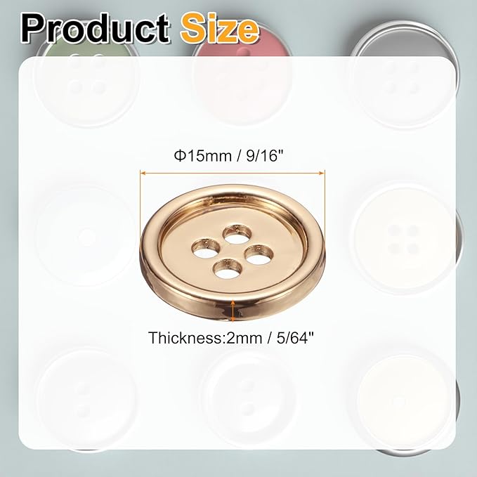 HARFINGTON 20pcs Metal Sewing Button, 15mm 4-Hole Round Suit Shirts Coats Clothes Sewing Buttons for Decoration Craft, Gold