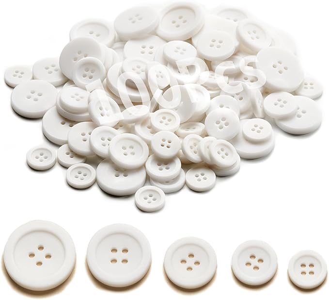 Sewing Buttons - Craft Buttons, 5 Sizes of 100 Pcs Versatile Buttons for Sewing, DIY Projects and Holiday Decoration (White)