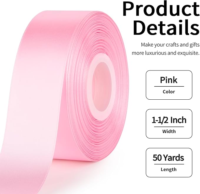 1-1/2 Inch Wide Pink Satin Ribbon, 50 Yards Solid Polyester Fabric Ribbon for Roses Making, Gift Wrapping, Valentine's Day, Wedding Decorations, Crafts, Bows, Flower Bouquets