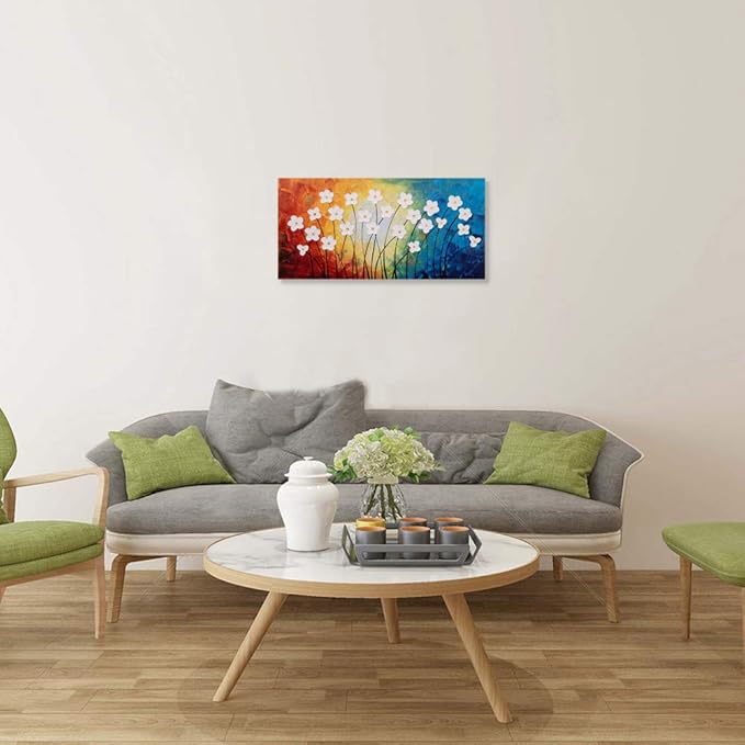 Yihui Arts Hand Painted Textured Flower Oil Painting on Canvas - Colorful Abstract White Floral Artwork for Home Decor, Modern Wall Art for Living Room, Bedroom, Office