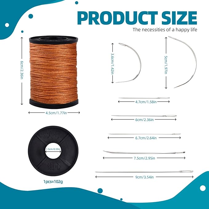 Topus Extra Strong Upholstery Repair Sewing Thread Kit and Heavy Duty Household Hand Needles, Including 7 Styles of Leather Canvas Sewing Needles and 3 Rolls Nylon Thread (70 Yard of Each Roll), Brown