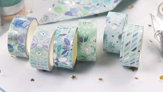 YUBBAEX 12 Rolls Blue Silver Washi Tape Set Masking Decorative Tapes (Blue Mix)