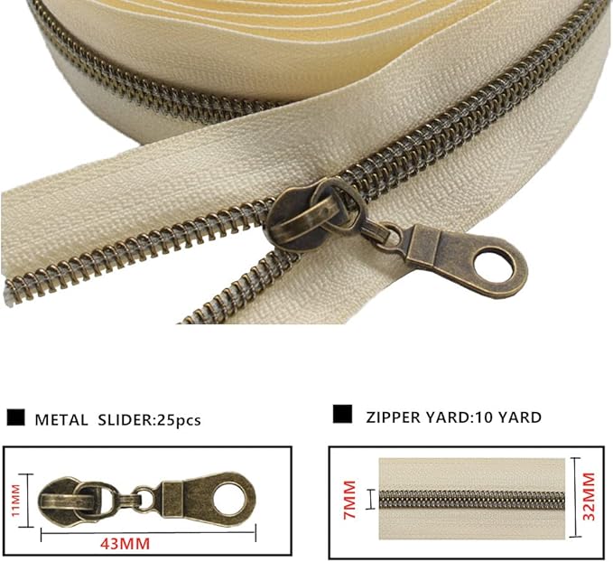 MebuZip #5 Antique Brass Metallic Nylon Coil Zippers by The Yard Bulk Coil Zipper Roll 10 Yards with 25pcs Pulls for DIY Sewing Craft Bags (Beige)